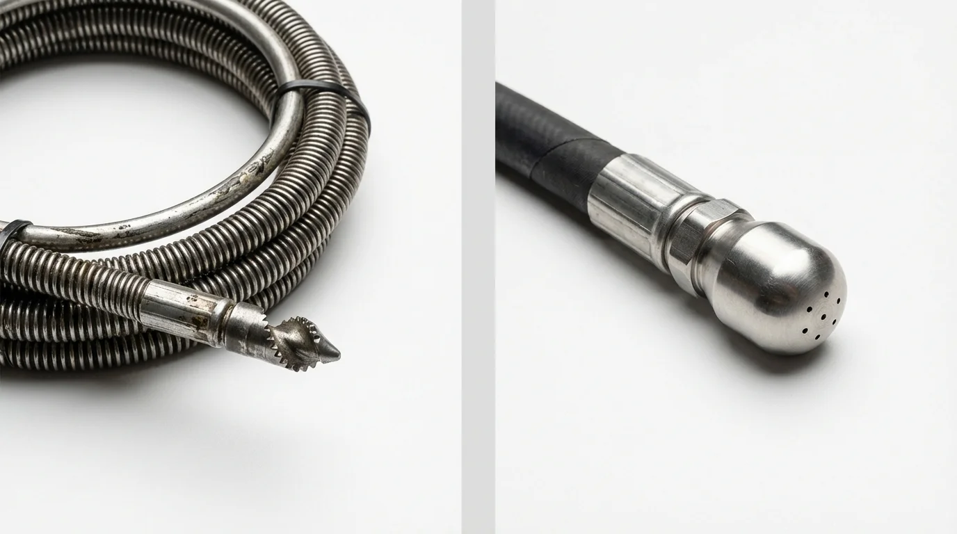 Drain snake cable and hydro jetting nozzle used for drain cleaning in Harrison, OH