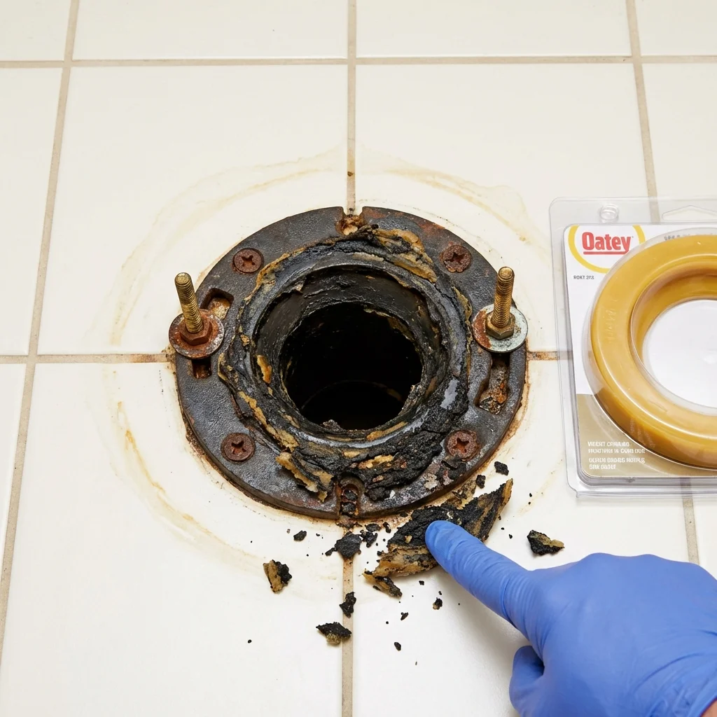Failed wax ring showing water seepage at the base of a toilet in a Harrison, OH home