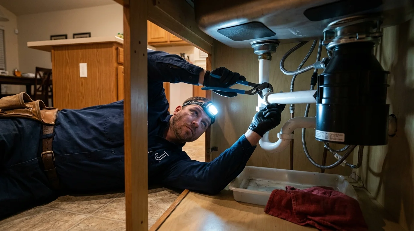 P-trap and supply line connections under a kitchen sink showing a common leak point in Harrison, OH